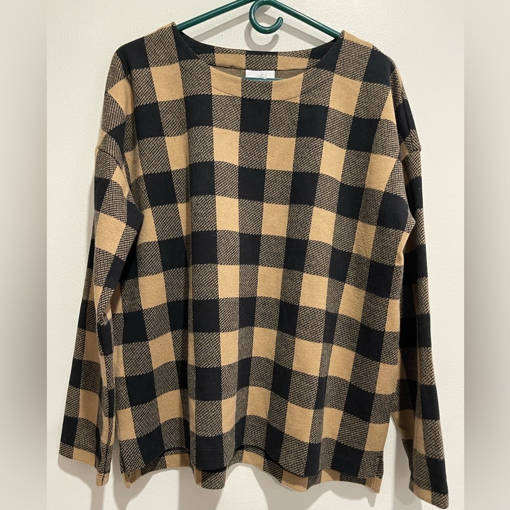 J.Jill Buffalo Plaid Check Jacquard Knit Pullover Tunic Crewneck Sweater